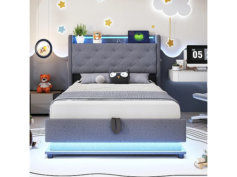Letto per bambini 90*200 cm, con fasciatoio e presa USB, testata ribaltabile con tasca per cellulare, lino ,grigio