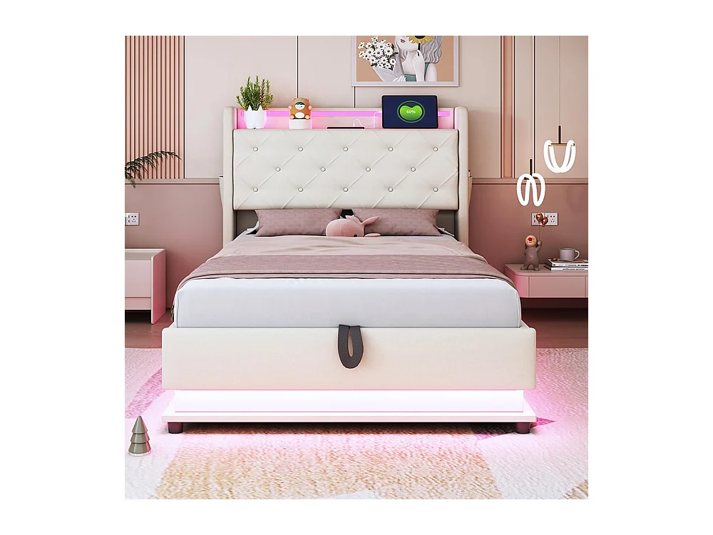 Lit d'enfant 90*200 cm, avec lumière changeante et prise USB, tête de lit rabattable avec pochette pour téléphone portable, tissu lin beige