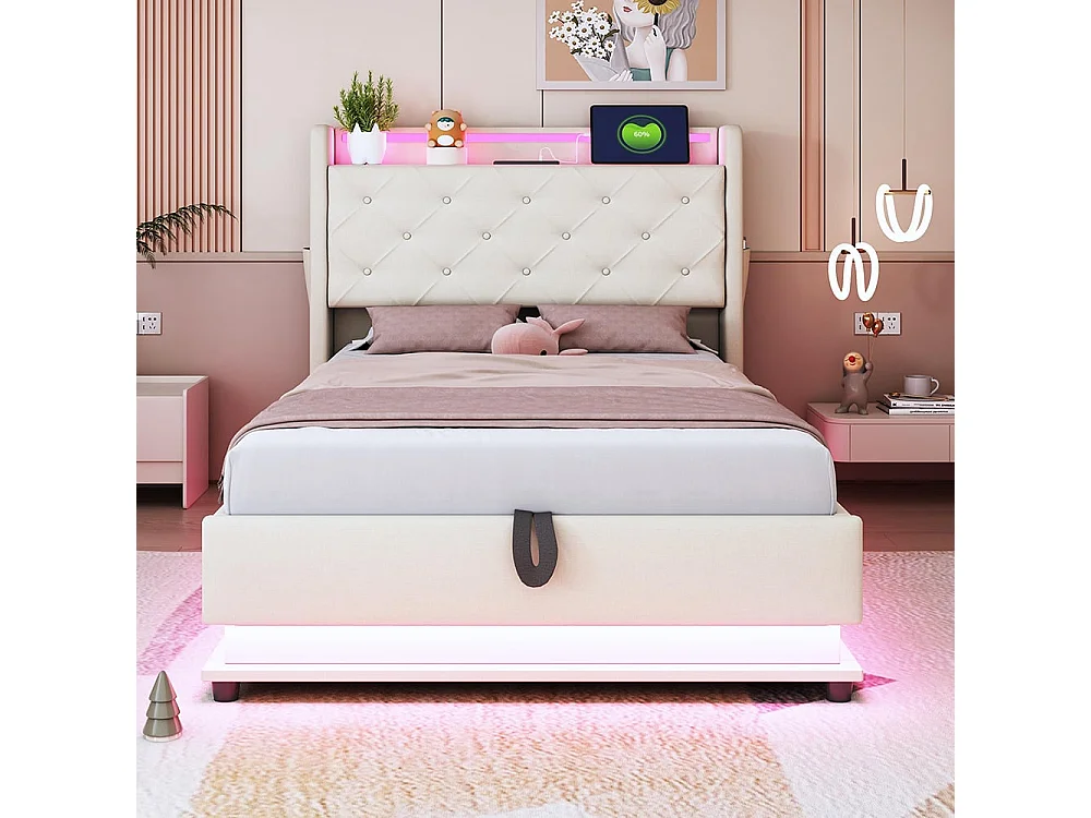 Lit d'enfant 90*200 cm, avec lumière changeante et prise USB, tête de lit rabattable avec pochette pour téléphone portable, tissu lin beige