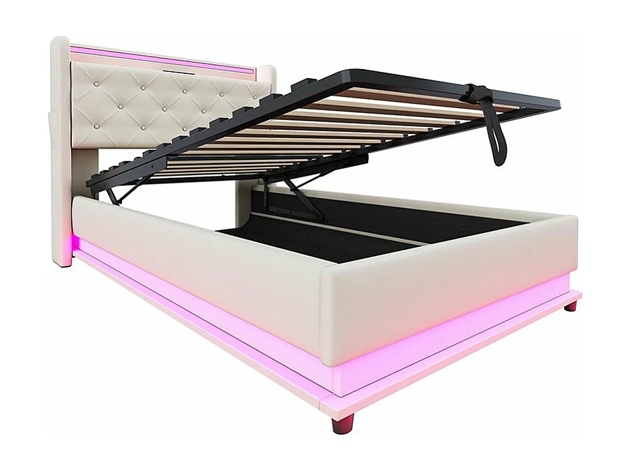 Lit d'enfant 90*200 cm, avec lumière changeante et prise USB, tête de lit rabattable avec pochette pour téléphone portable, tissu lin beige