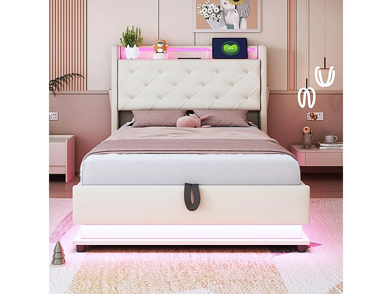 Lit d'enfant 90*200 cm, avec lumière changeante et prise USB, tête de lit rabattable avec pochette pour téléphone portable, tissu lin beige
