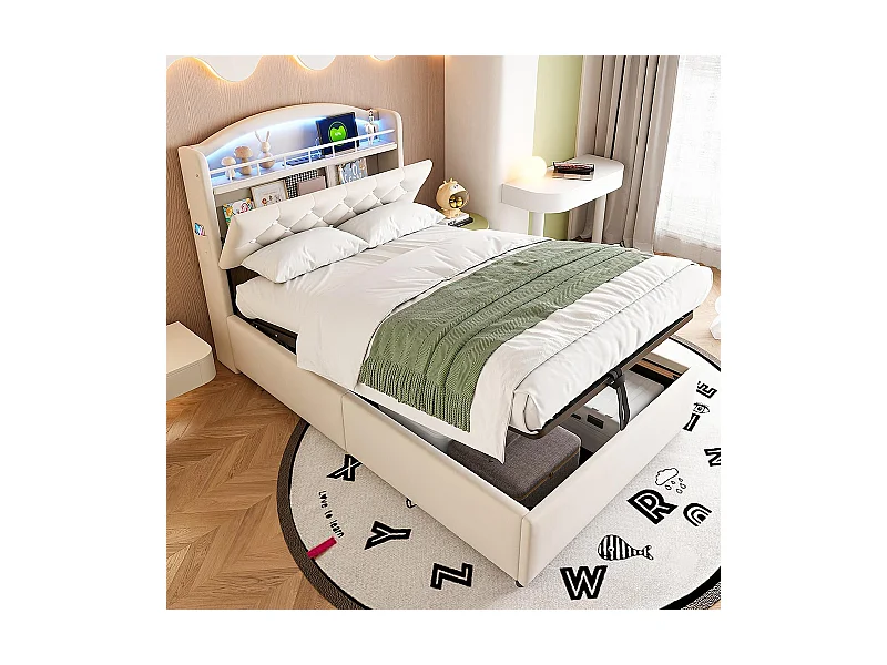 Kinderbett 90x200, Einzelbett aus Samt, Multifunktionsbett mit LED und USB Stauraum Beige