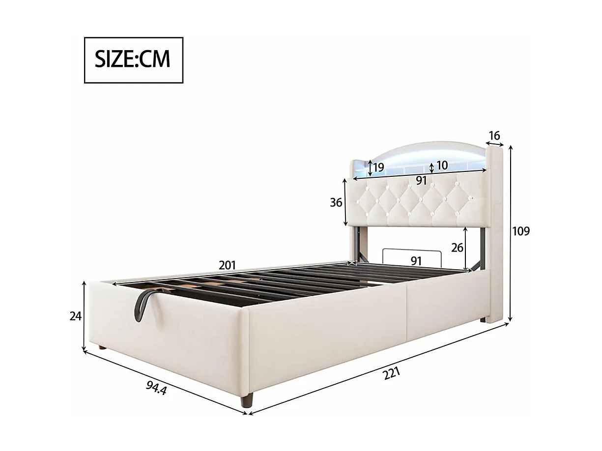 Lit enfant 90x200, simple velours, lit multifonctionnel avec LED et espace de rangement USB Beige