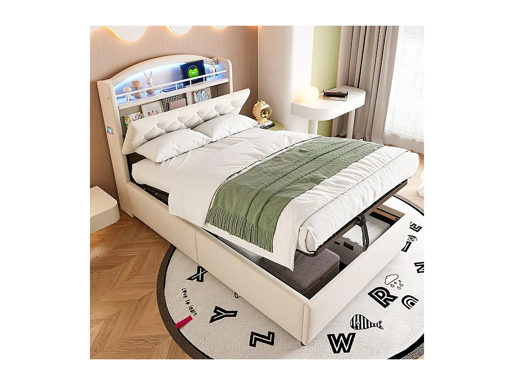 Lit enfant 90x200, simple velours, lit multifonctionnel avec LED et espace de rangement USB Beige