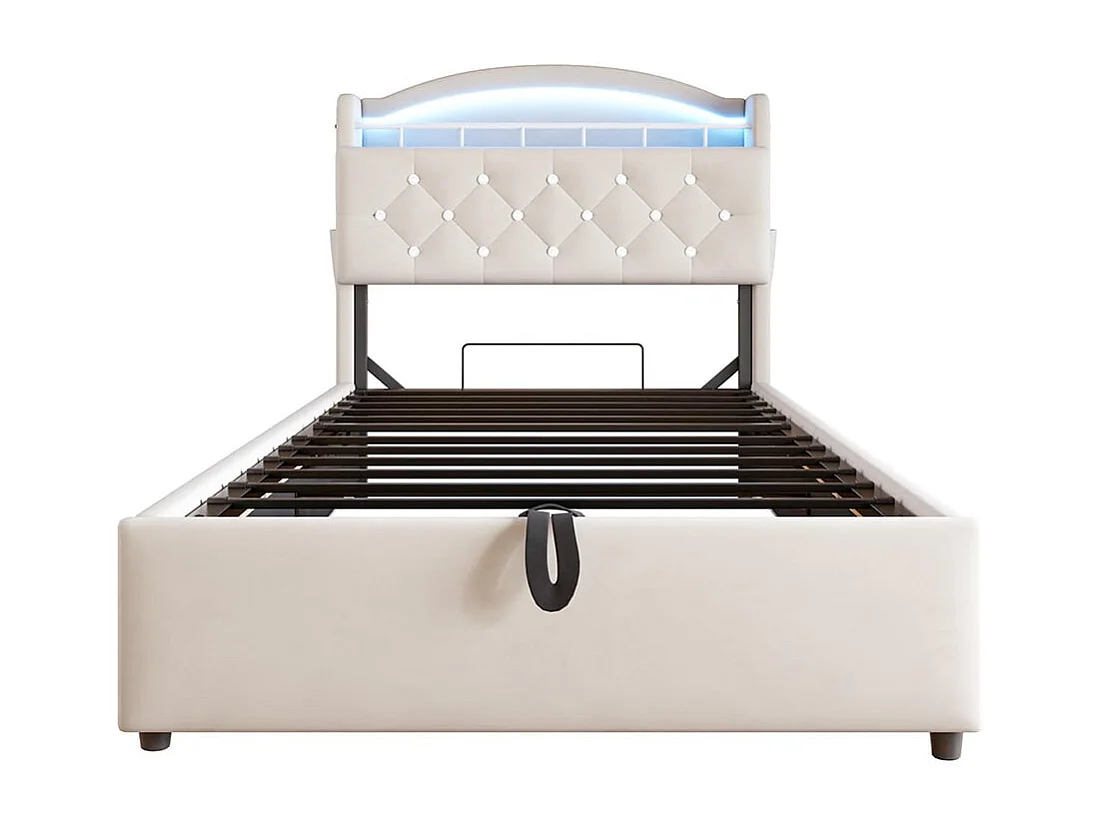 Lit enfant 90x200, simple velours, lit multifonctionnel avec LED et espace de rangement USB Beige