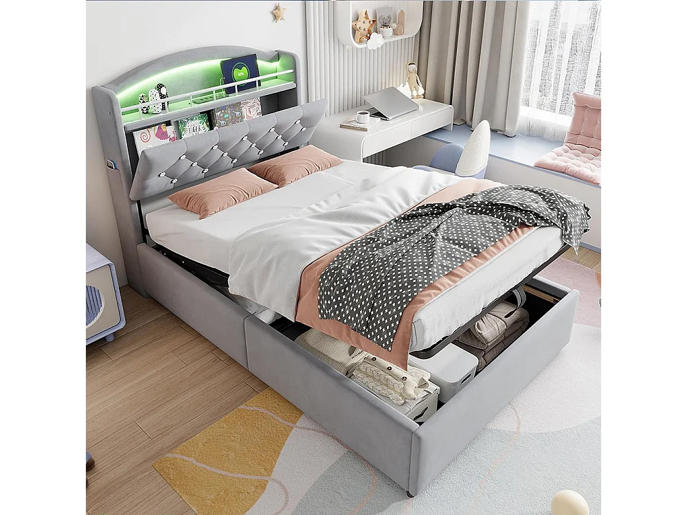 Cama infantil 90x200 cm, terciopelo individual, cama multifuncional con LED y almacenamiento USB ,Gris