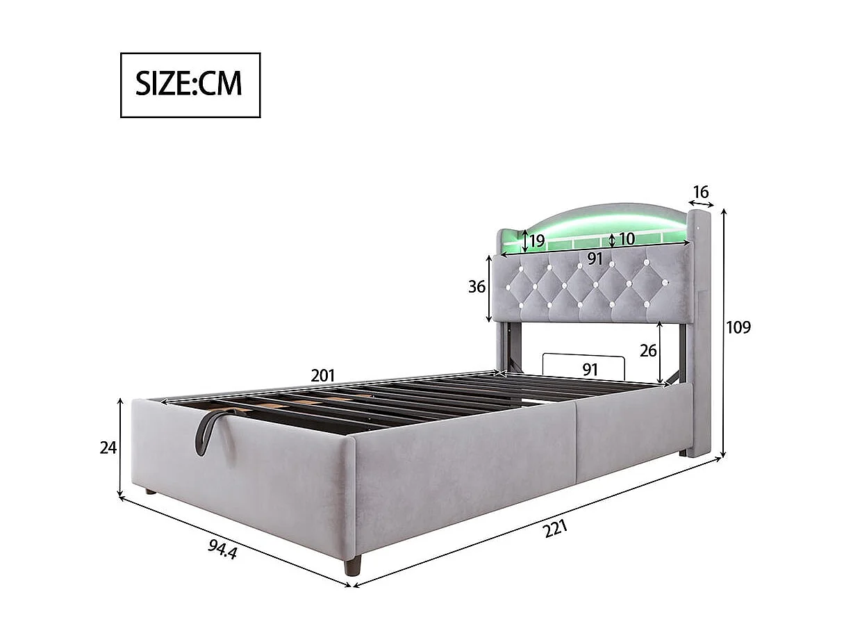 Cama infantil 90x200 cm, terciopelo individual, cama multifuncional con LED y almacenamiento USB ,Gris