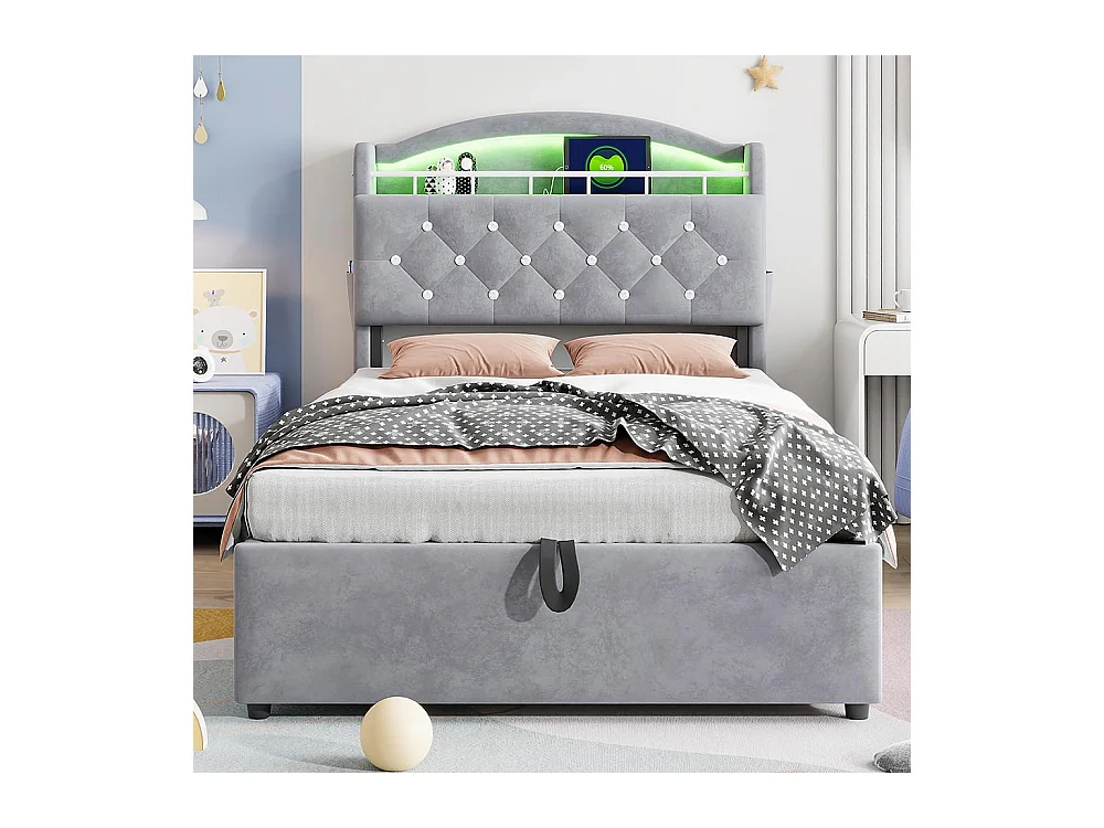 Lit enfant 90x200, simple velours, lit multifonctionnel avec LED et espace de rangement USB ,Gris