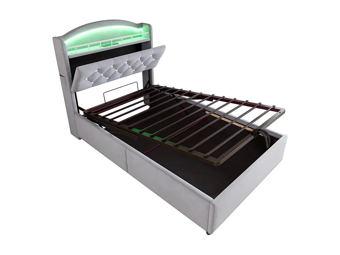 Lit enfant 90x200, simple velours, lit multifonctionnel avec LED et espace de rangement USB ,Gris