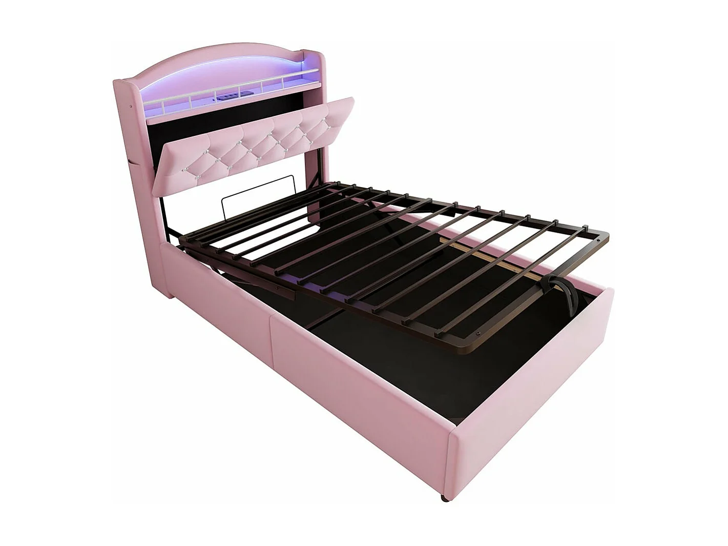 Lit enfant 90x200, simple velours, lit multifonctionnel avec LED et espace de rangement USB ,Rose