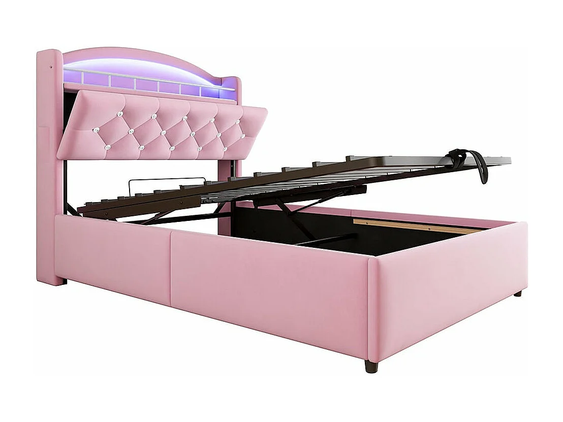 Lit enfant 90x200, simple velours, lit multifonctionnel avec LED et espace de rangement USB ,Rose