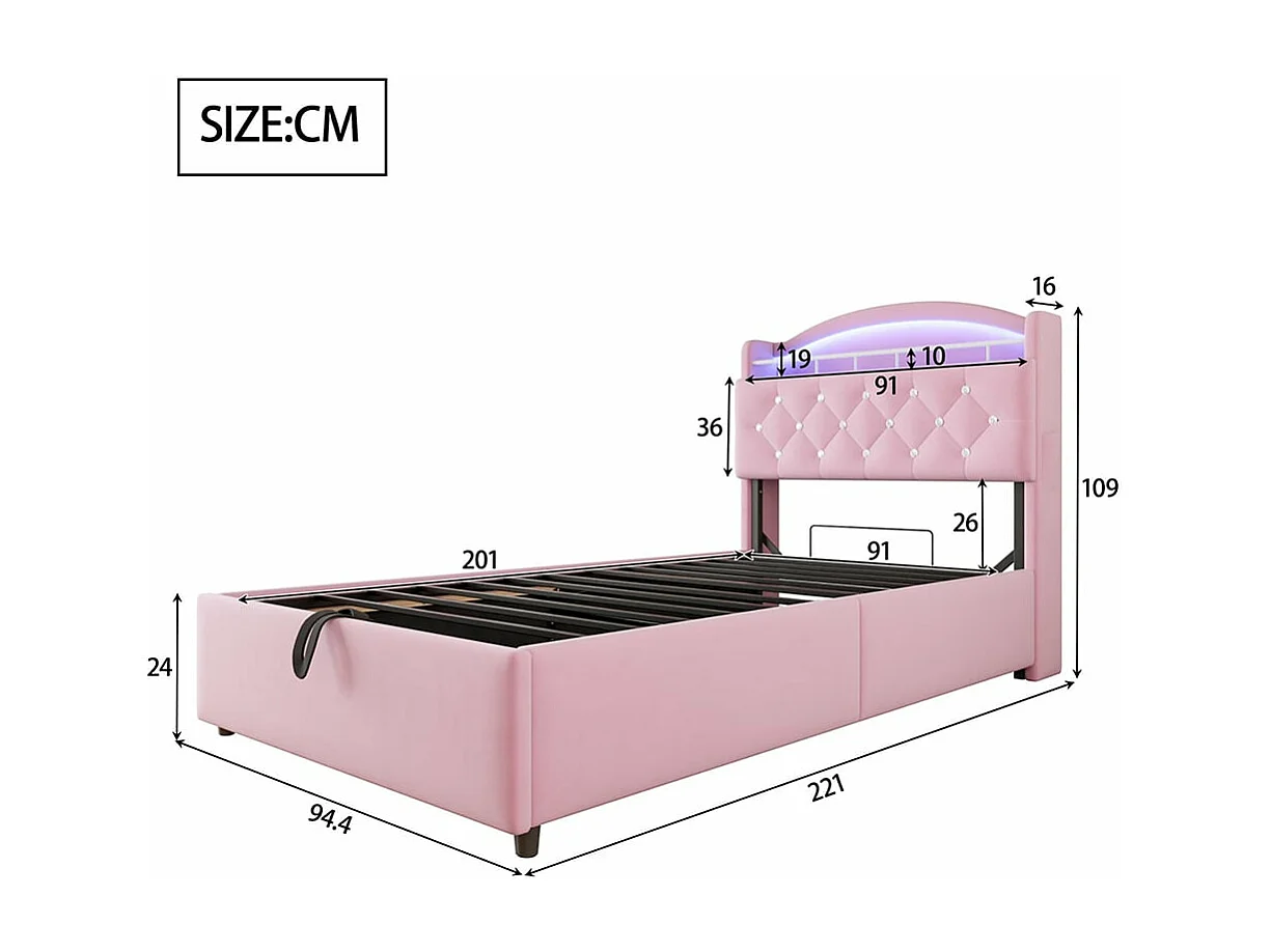 Lit enfant 90x200, simple velours, lit multifonctionnel avec LED et espace de rangement USB ,Rose