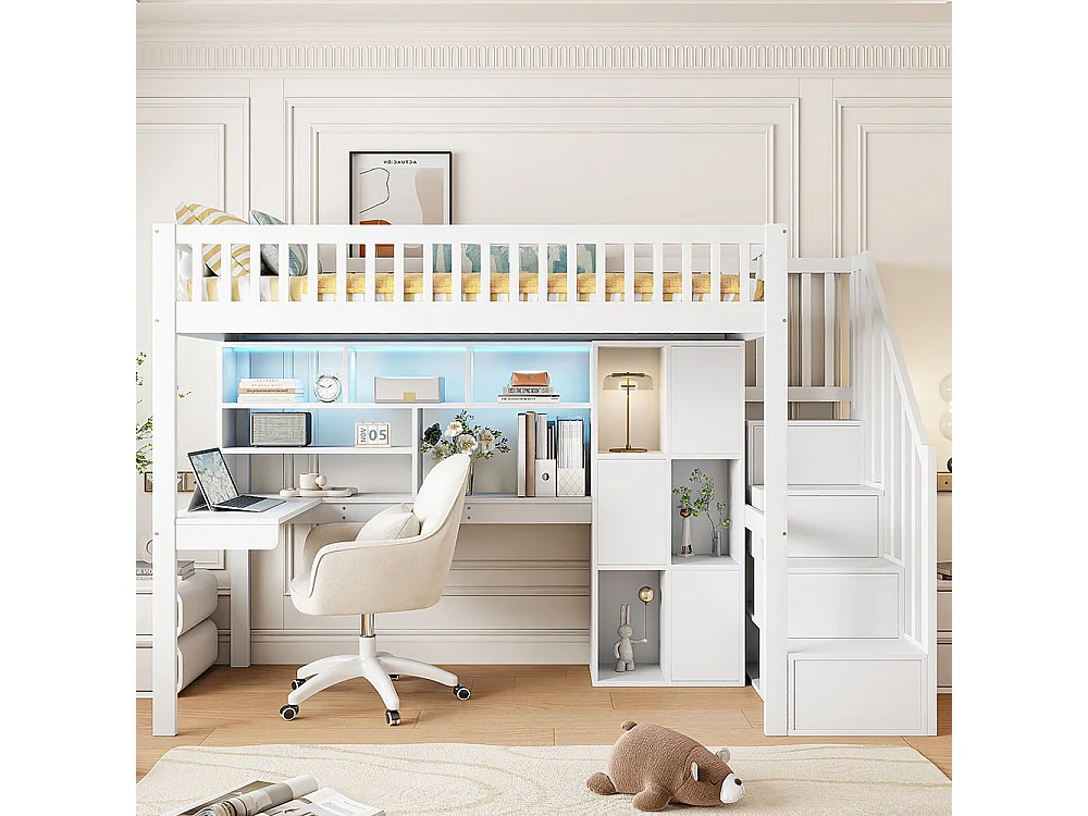 Hochbett, 90*200 cm, fernbedienbare Stimmungsbeleuchtung, Staufachleiter, Regale, Staufächer, Schreibtisch, ohne Matratze, weiß.