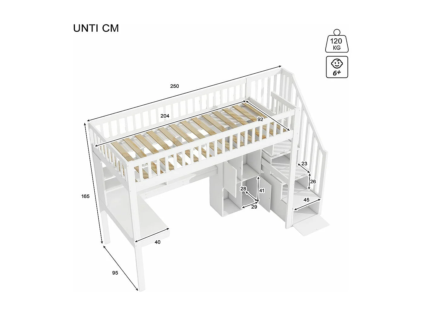 Hochbett, 90*200 cm, fernbedienbare Stimmungsbeleuchtung, Staufachleiter, Regale, Staufächer, Schreibtisch, ohne Matratze, weiß.