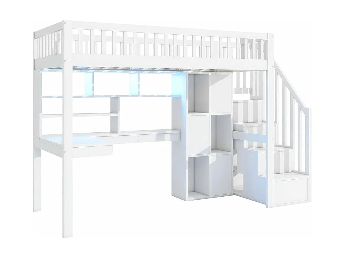 Hochbett, 90*200 cm, fernbedienbare Stimmungsbeleuchtung, Staufachleiter, Regale, Staufächer, Schreibtisch, ohne Matratze, weiß.