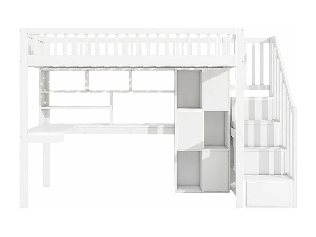 Hochbett, 90*200 cm, fernbedienbare Stimmungsbeleuchtung, Staufachleiter, Regale, Staufächer, Schreibtisch, ohne Matratze, weiß.