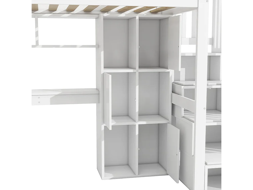 Hochbett, 90*200 cm, fernbedienbare Stimmungsbeleuchtung, Staufachleiter, Regale, Staufächer, Schreibtisch, ohne Matratze, weiß.