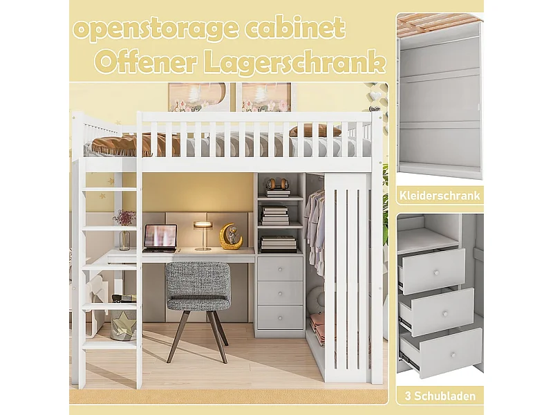 Hochbett, 140*200 cm, Schreibtisch, Schrank, 3 Schubladen, offener Stauraum, Balustrade, Treppe, ohne Matratze, weiß