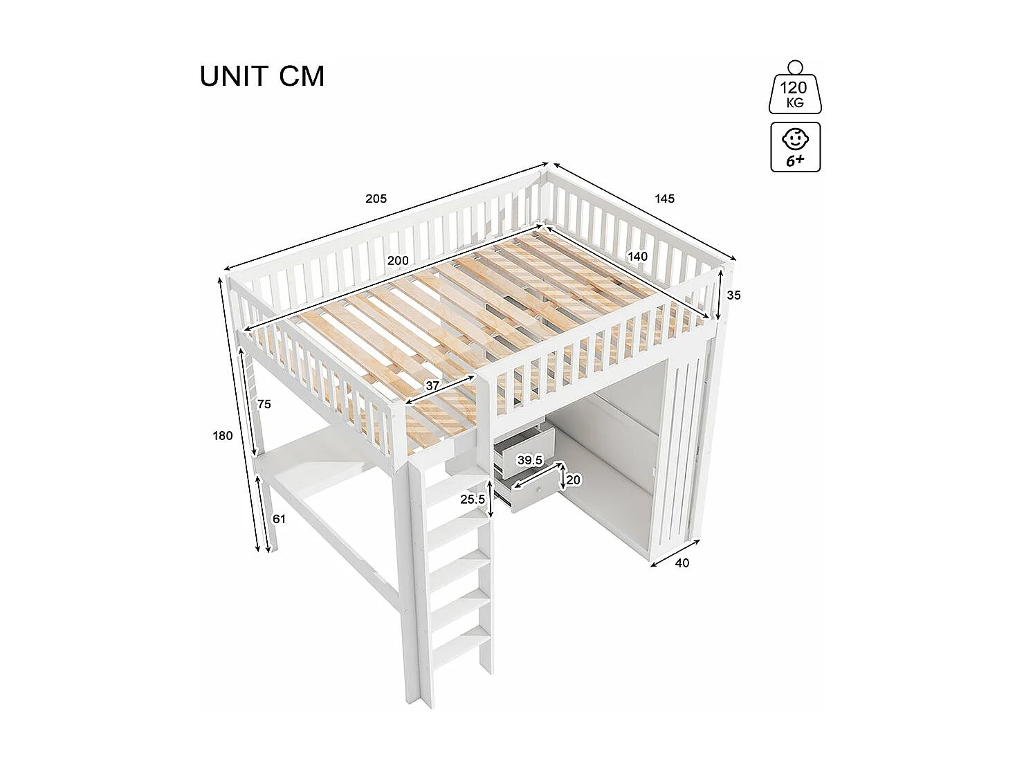 Cama altillo, 140*200 cm, escritorio, armario, 3 cajones, almacenaje abierto, balaustrada, escalera, sin colchón, blanco