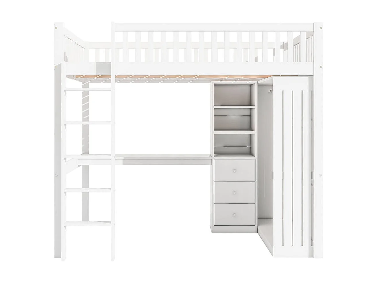 Cama altillo, 140*200 cm, escritorio, armario, 3 cajones, almacenaje abierto, balaustrada, escalera, sin colchón, blanco