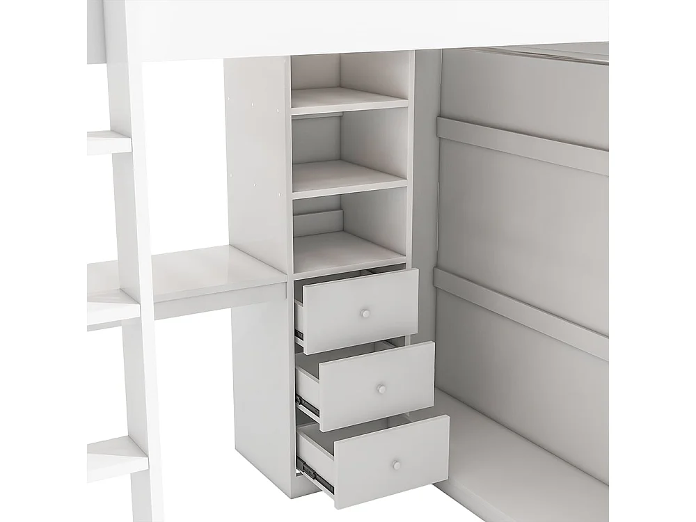 Cama altillo, 140*200 cm, escritorio, armario, 3 cajones, almacenaje abierto, balaustrada, escalera, sin colchón, blanco