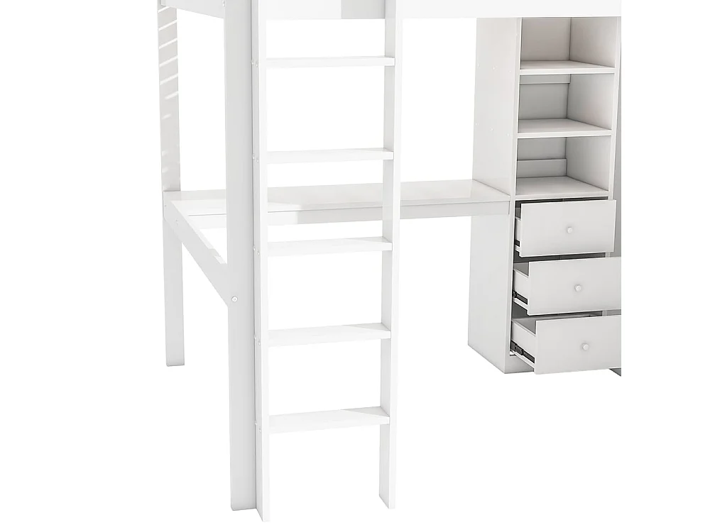 Cama altillo, 140*200 cm, escritorio, armario, 3 cajones, almacenaje abierto, balaustrada, escalera, sin colchón, blanco