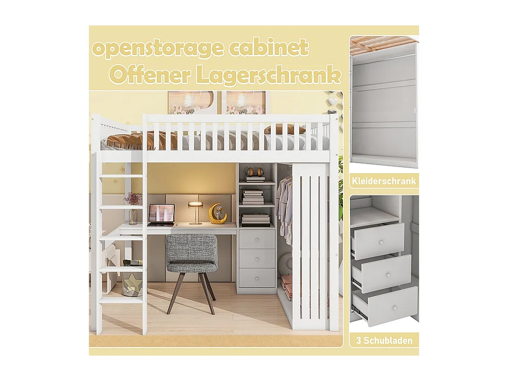 Lit en mezzanine, 140*200 cm, bureau, armoire, 3 tiroirs, rangement ouvert, balustrade, escalier, sans matelas, blanc