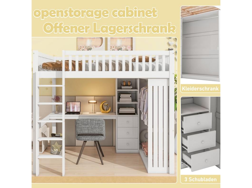 Mezzanine bed, 140*200 cm, bureau, kledingkast, 3 laden, open kastruimte, balustrade, trap, zonder matras, wit