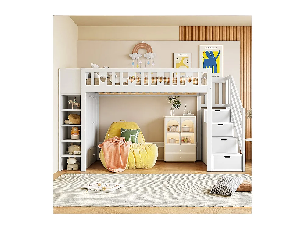 Lit en mezzanine, 90*200 cm, échelle de rangement, étagères, armoires de rangement à charnières, espace dressing sous le lit, poignées d'amour, blanc