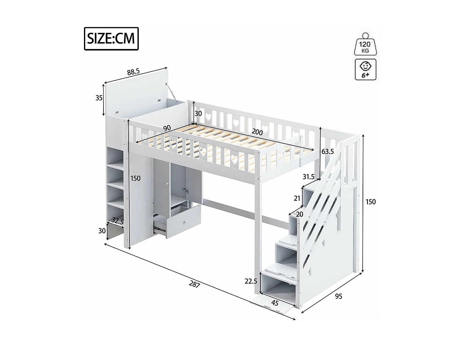 Lit en mezzanine, 90*200 cm, échelle de rangement, étagères, armoires de rangement à charnières, espace dressing sous le lit, poignées d'amour, blanc
