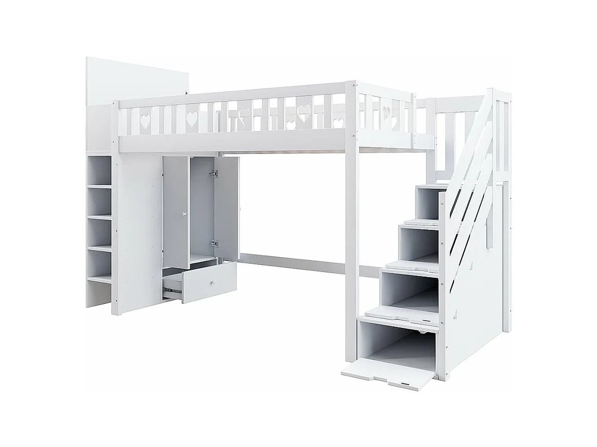 Lit en mezzanine, 90*200 cm, échelle de rangement, étagères, armoires de rangement à charnières, espace dressing sous le lit, poignées d'amour, blanc