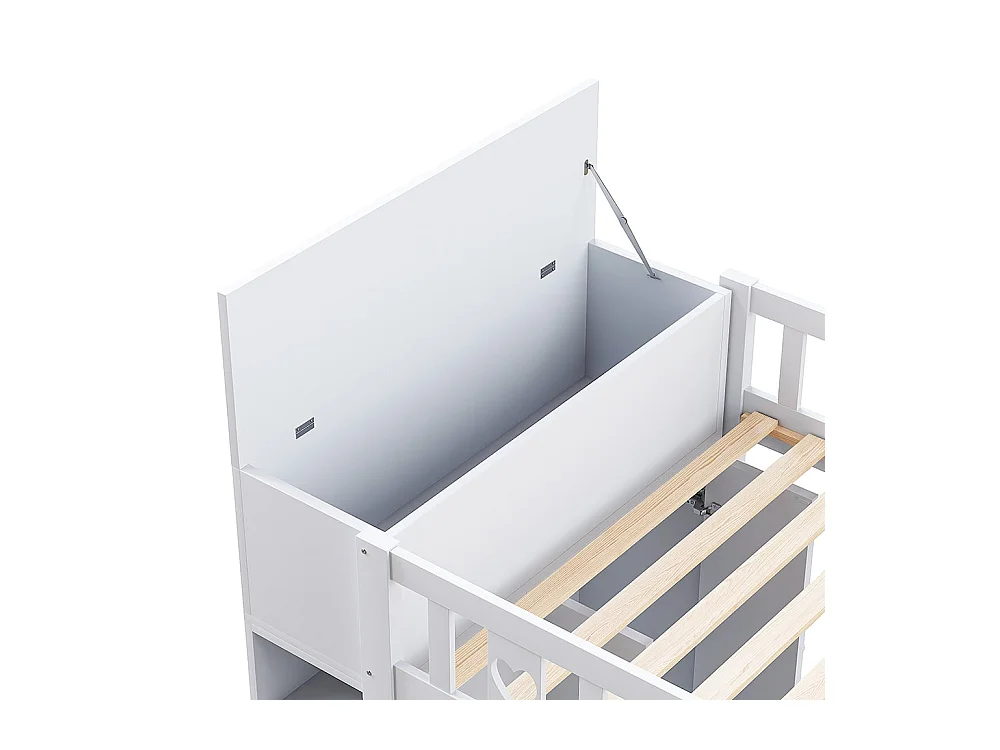 Lit en mezzanine, 90*200 cm, échelle de rangement, étagères, armoires de rangement à charnières, espace dressing sous le lit, poignées d'amour, blanc