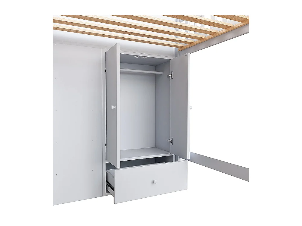 Lit en mezzanine, 90*200 cm, échelle de rangement, étagères, armoires de rangement à charnières, espace dressing sous le lit, poignées d'amour, blanc