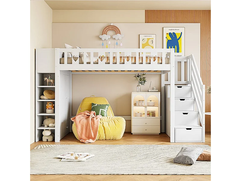Lit en mezzanine, 90*200 cm, échelle de rangement, étagères, armoires de rangement à charnières, espace dressing sous le lit, poignées d'amour, blanc