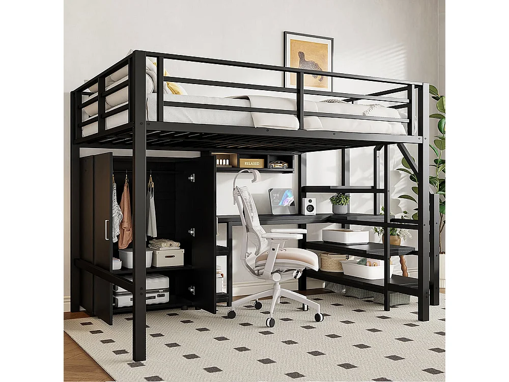 Entreplanta 140*200 cm, armario, estanterías, escalera, escritorio, sin colchón, negro