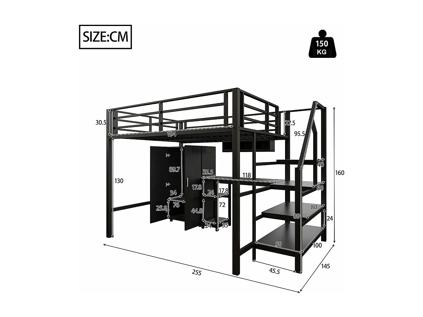 Entreplanta 140*200 cm, armario, estanterías, escalera, escritorio, sin colchón, negro