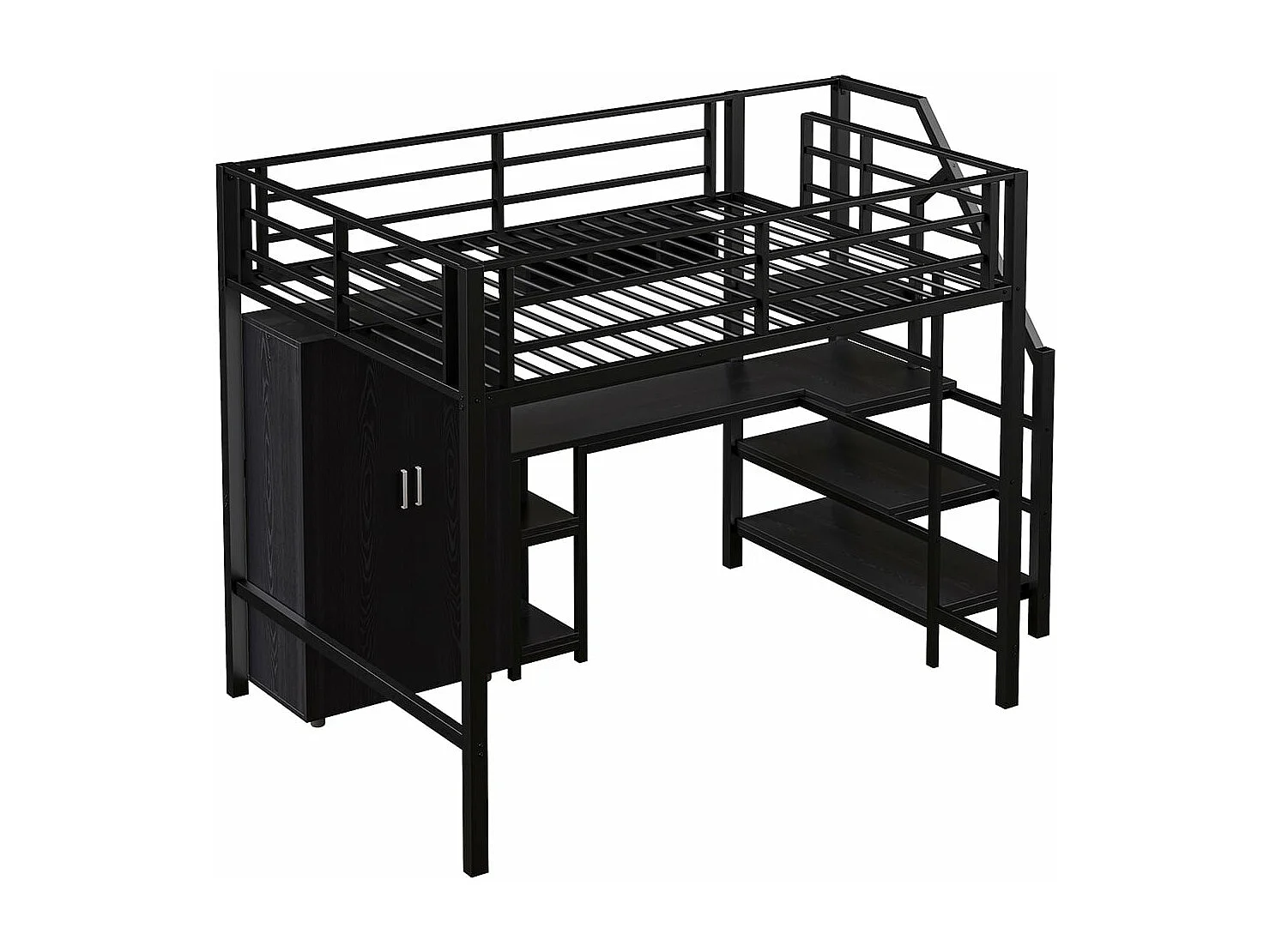 Entreplanta 140*200 cm, armario, estanterías, escalera, escritorio, sin colchón, negro