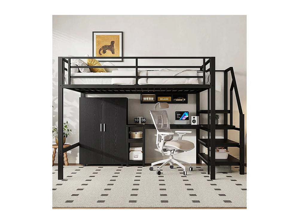 Lit en mezzanine 140*200 cm, armoire, étagères, échelle de rangement, bureau, sans matelas, noir