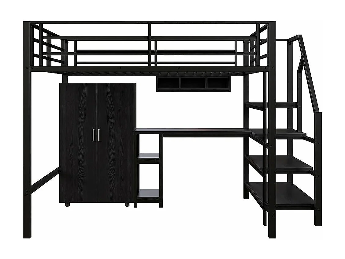 Cama em mezzanine 140*200 cm, roupeiro, prateleiras, escada para arrumação, secretária, sem colchão, preto