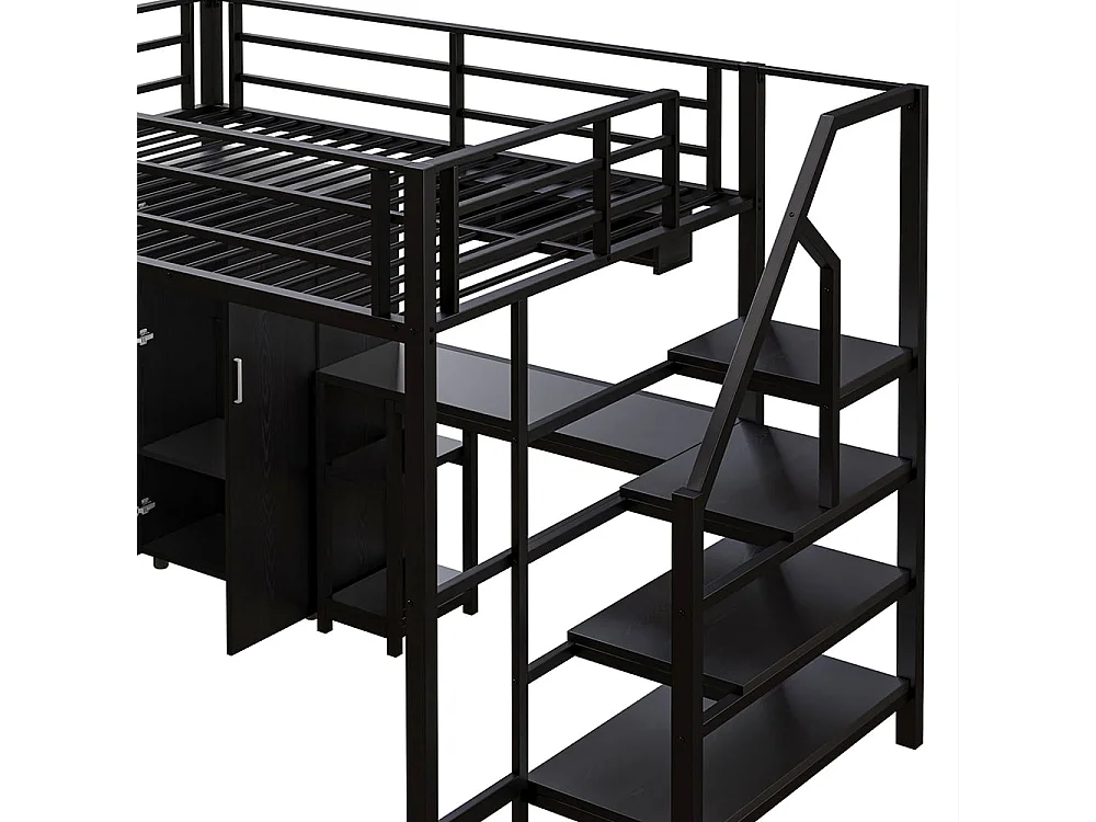 Cama em mezzanine 140*200 cm, roupeiro, prateleiras, escada para arrumação, secretária, sem colchão, preto