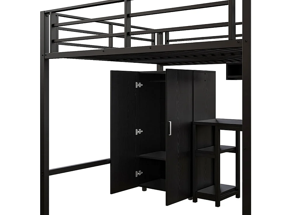 Cama em mezzanine 140*200 cm, roupeiro, prateleiras, escada para arrumação, secretária, sem colchão, preto