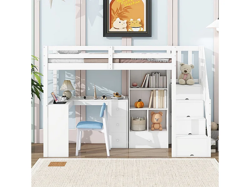 Entreplanta 90x200 cm, sin colchón, reposabrazos, escritorio, cajones, armario, escalera escamoteable, varias baldas, blanco