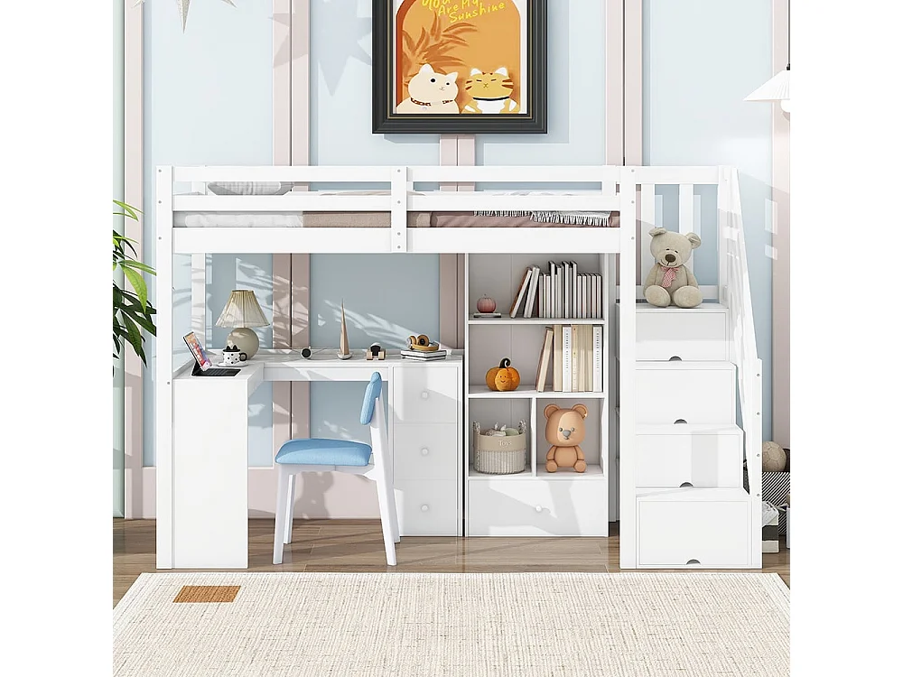 Mezzanine bed 90x200 cm, zonder matras, armleuningen, bureau, laden, opbergkast, inklapbare trap, meerdere planken, wit