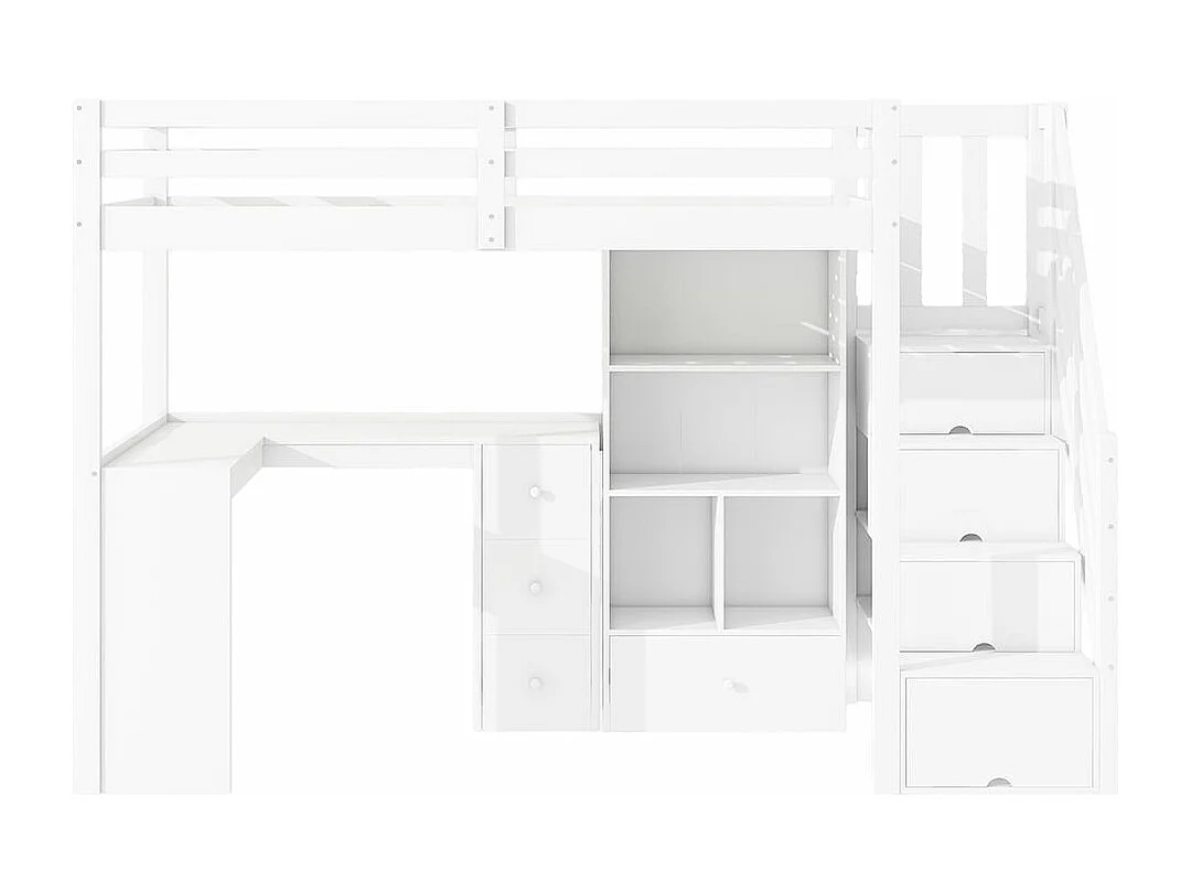 Mezzanine bed 90x200 cm, zonder matras, armleuningen, bureau, laden, opbergkast, inklapbare trap, meerdere planken, wit