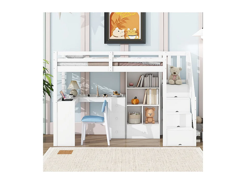 Lit mezzanine 90x200 cm, sans matelas, accoudoirs, bureau, tiroirs, armoires de rangement, marchepieds escamotables, étagères multiples, blanc