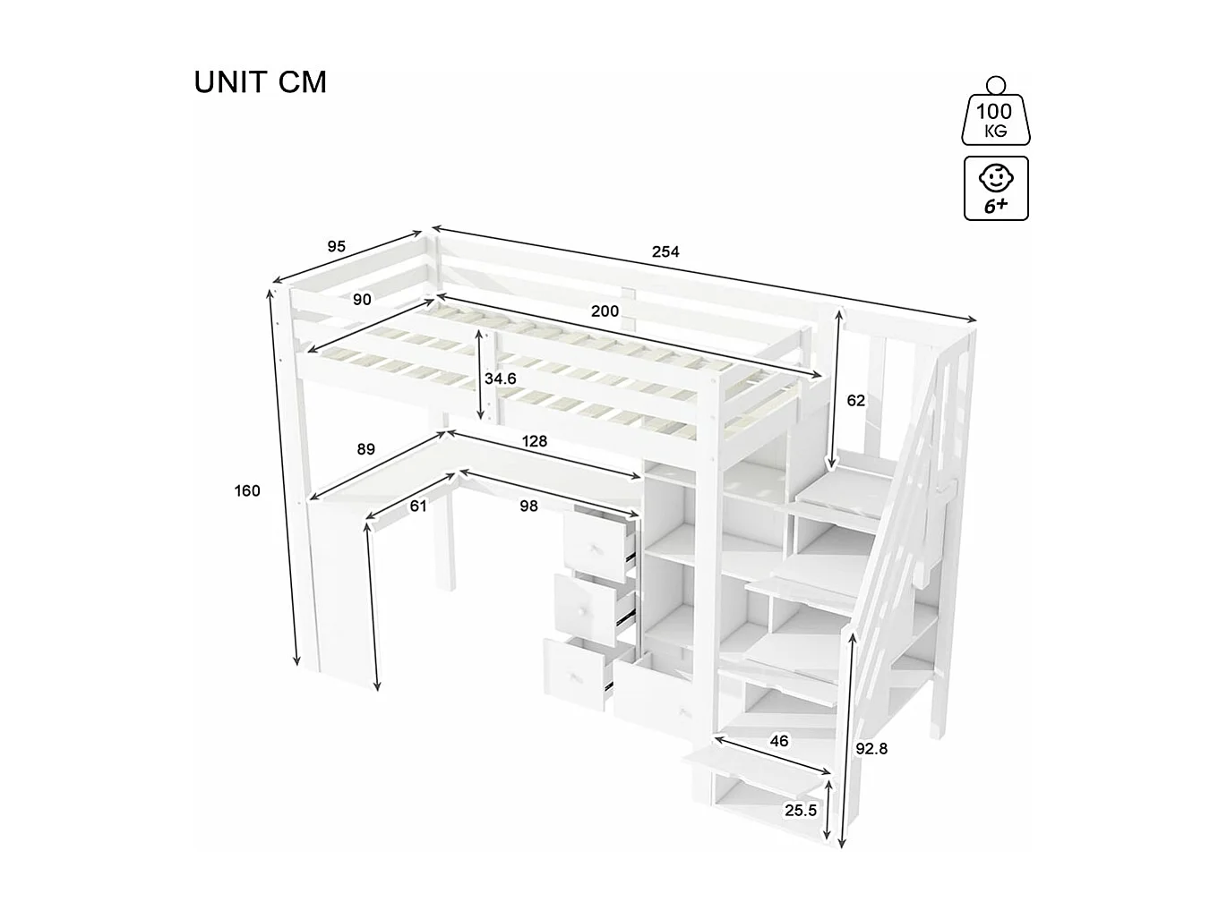 Mezzanine bed 90x200 cm, zonder matras, armleuningen, bureau, laden, opbergkast, inklapbare trap, meerdere planken, wit