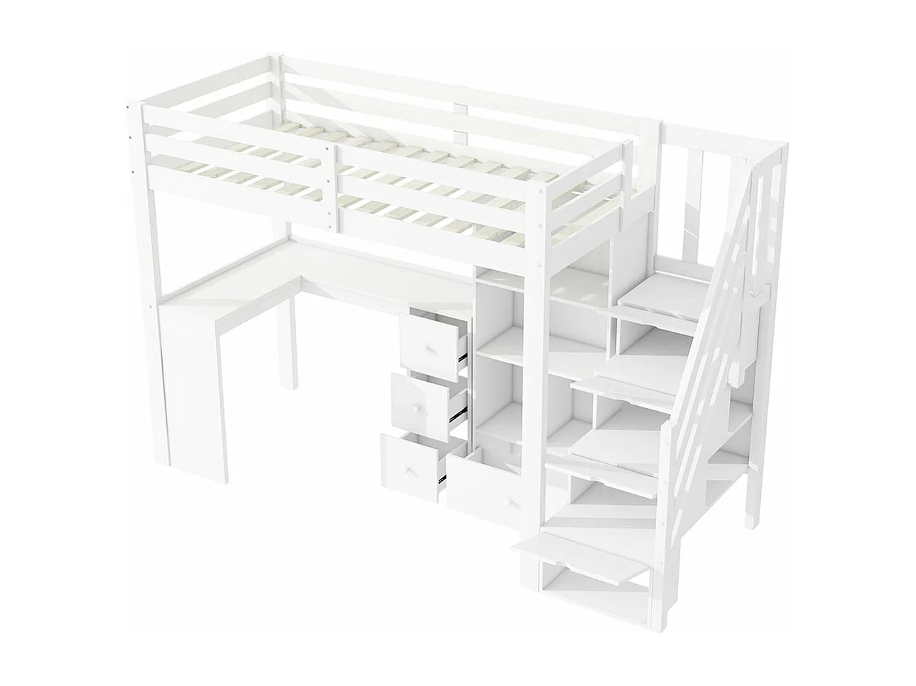 Mezzanine bed 90x200 cm, zonder matras, armleuningen, bureau, laden, opbergkast, inklapbare trap, meerdere planken, wit
