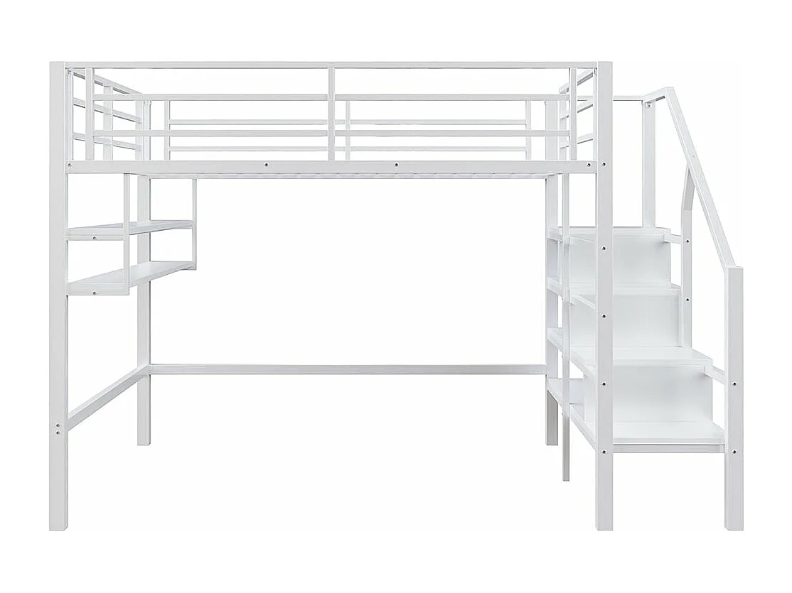 Hochbett 140*200 cm, Regale, Stauraumleiter, Platz unter dem Bett für Paneele und Schienen, ohne Matratze, weiß