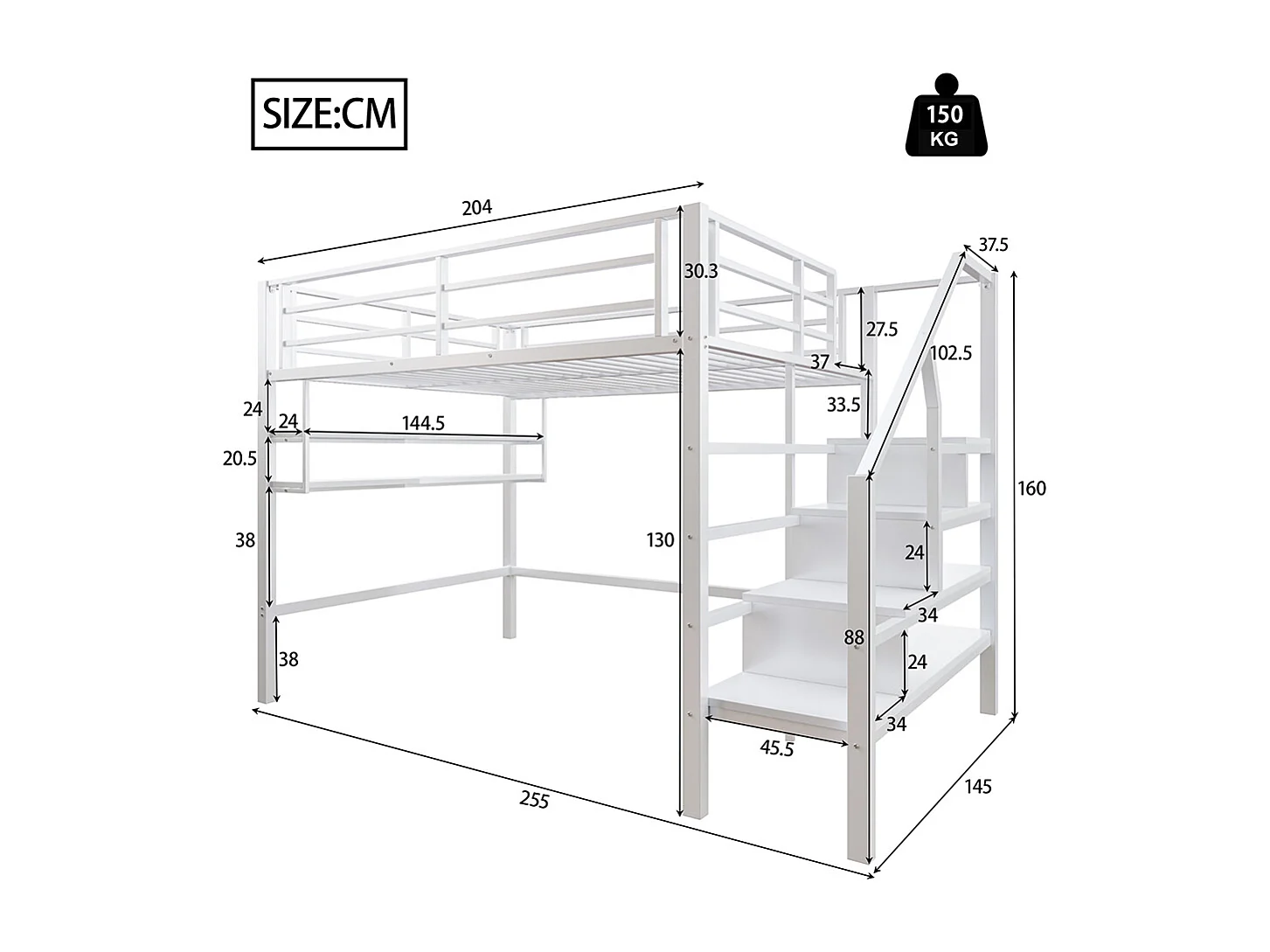 Mezzanine bed 140*200 cm, legplanken, opbergladder, ruimte onder bed voor panelen en rails, zonder matras, wit
