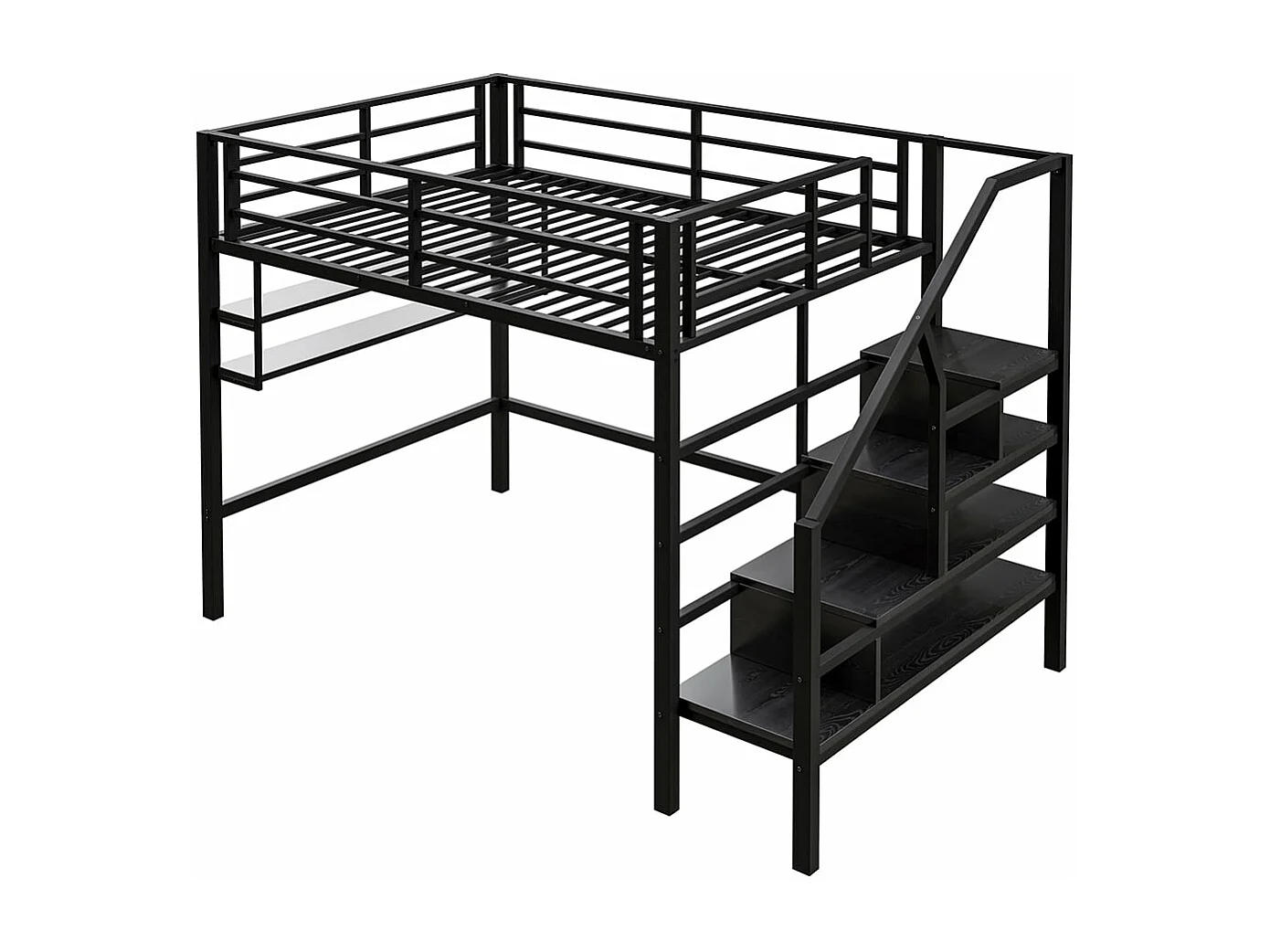 Lit en mezzanine 140*200 cm, étagères, échelle de rangement, espace sous le lit pour les panneaux et les rails, sans matelas, noir